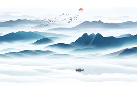 蓝色大气水墨山水画