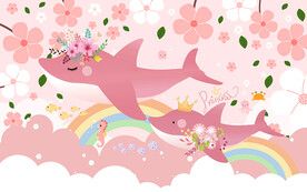 卡通鲸鱼粉色儿童房背景墙