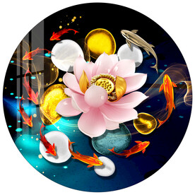 荷花九鱼图石来运转装饰画