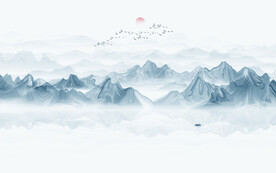 蓝色水墨山水背景墙