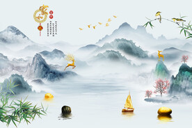 新中式家和富贵轻奢水墨背景墙