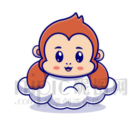 可爱卡通趴在云朵上的小猴子