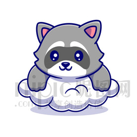 可爱卡通趴在云朵上的小浣熊