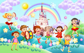 卡通彩虹小朋友演奏儿童房背景墙