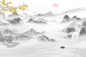 灰调山水新中式背景装饰画