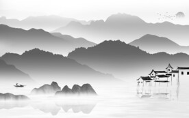 别墅 中式灰山水画 Tif分层