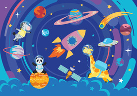 卡通太空火箭动物星球儿童背景墙