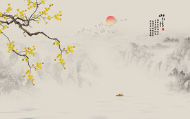 新中式山水情工笔花鸟画背景墙