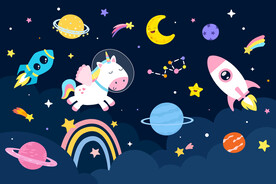 彩虹独角兽卡通太空火箭星球背景
