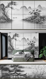 高清中式山水轻奢简约水墨壁画	
