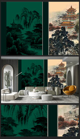 原创新中式轻奢楼阁山水背景壁画