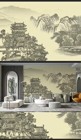 新中式轻奢楼阁山水背景壁画