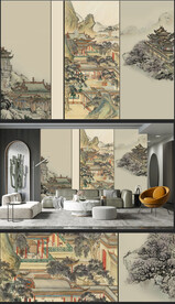原创新中式轻奢楼阁山水背景壁画