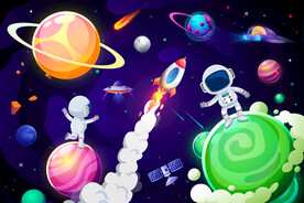 梦幻太空星球卡通宇航员火箭背景