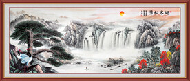 迎客松瀑布山水画