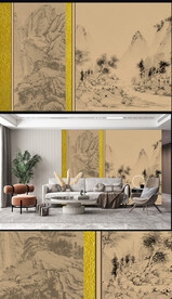 原创新中式轻奢楼阁山水背景轻奢