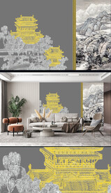  原创新中式轻奢楼阁建筑山水