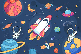 手绘宇航员卡通太空火箭星球背景