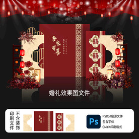 红色新中式婚礼背景展板效果图