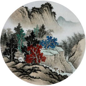 原创新中式水墨圆形山水玄关茶室