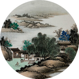  新中式山水画水墨画圆形