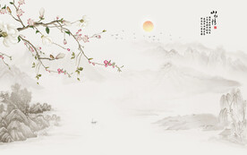 新中式山水情工笔花鸟画背景墙