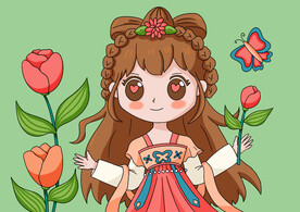 卡通古风女孩简笔画涂色