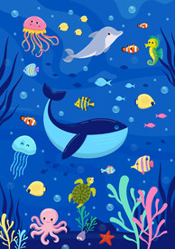 可爱海豚卡通鲸鱼海底热带鱼背景