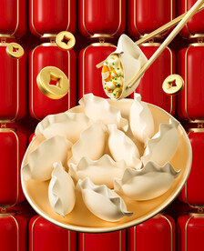 春节美食饺子和喜庆灯笼