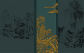 新中式楼阁山水背景轻奢壁画 