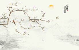 新中式工笔花鸟画床头背景墙