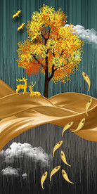 金色丝绸发财树玄关背景墙