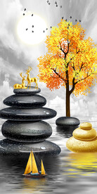 鹅卵石抽象树玄关背景墙