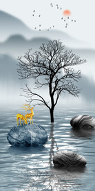 山水树木倒影福鹿石来运转玄关