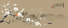 中式兰花鸟画山水电视背景墙