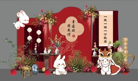 红色新中式宝宝周岁宴小兔子主题