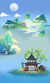 中国风山水夜色凉亭背景图模板