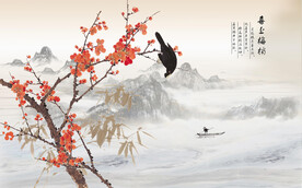 喜上梅梢梅花枝条壁画背景墙图片