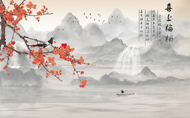 喜上梅梢梅花枝条壁画背景墙图片