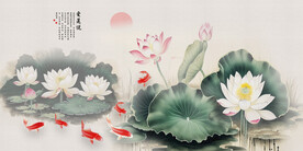 新中式手绘水墨荷花背景墙