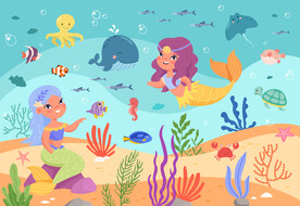 卡通鲸鱼可爱美人鱼海底珊瑚背景