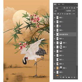 桃林仙鹤竹影曳