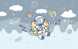 可爱卡通星空火箭儿童房背景墙