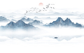 蓝色意境水墨山水画背景墙