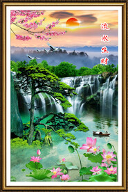 高山流水瀑布山水画