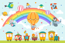 可爱动物小火车卡通彩虹气球背景