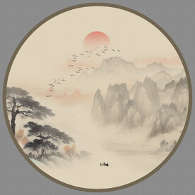 圆形迎客松山水画