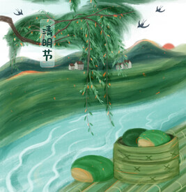 清明节气青团流水抽象风格插画