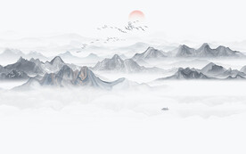 蓝色意境水墨山水画背景墙