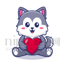 可爱卡通抱着爱心的小狼狗